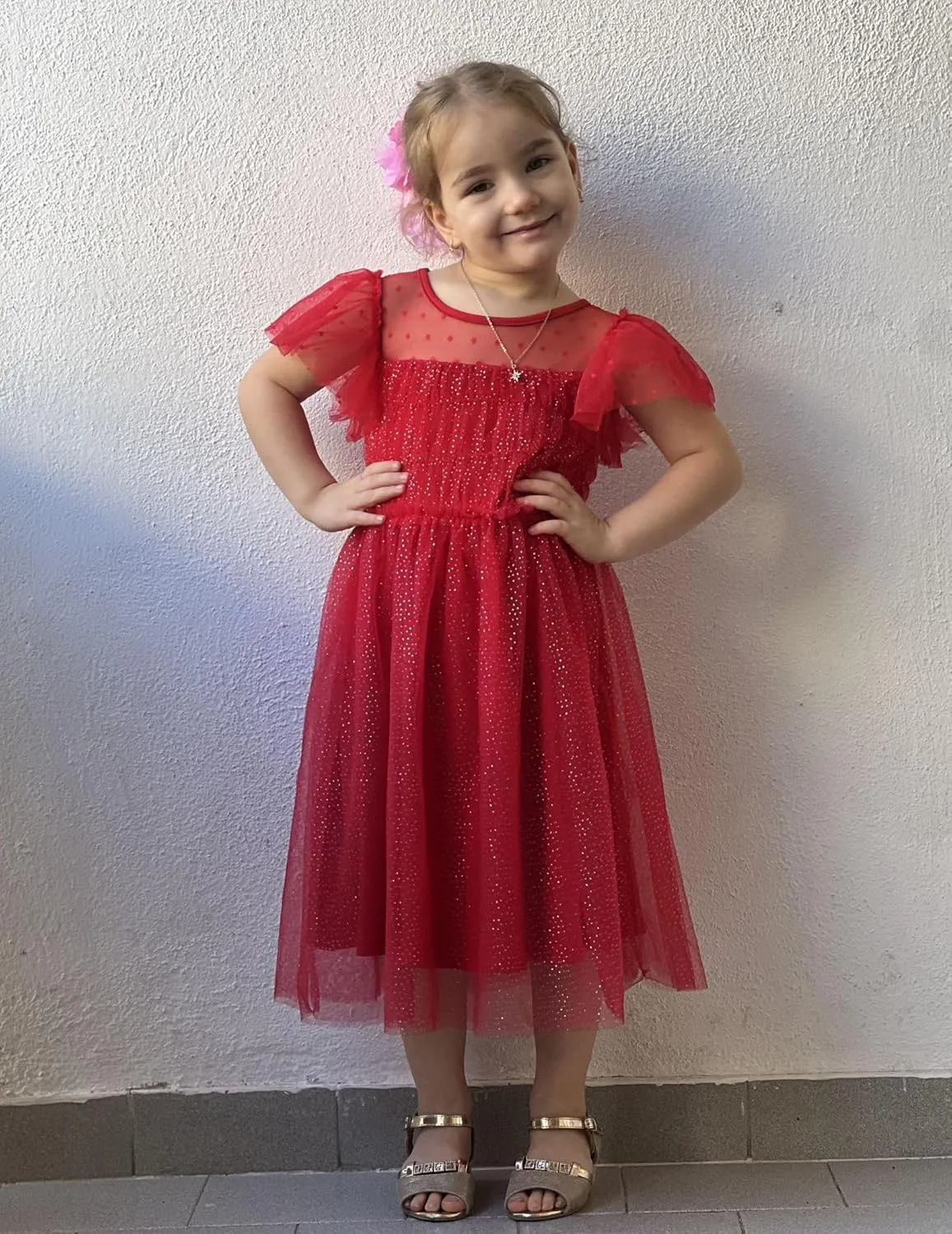 Arshiner Little Girl Dresses Contrast Mesh Ruffle Sleeve Princess Tulle Dress