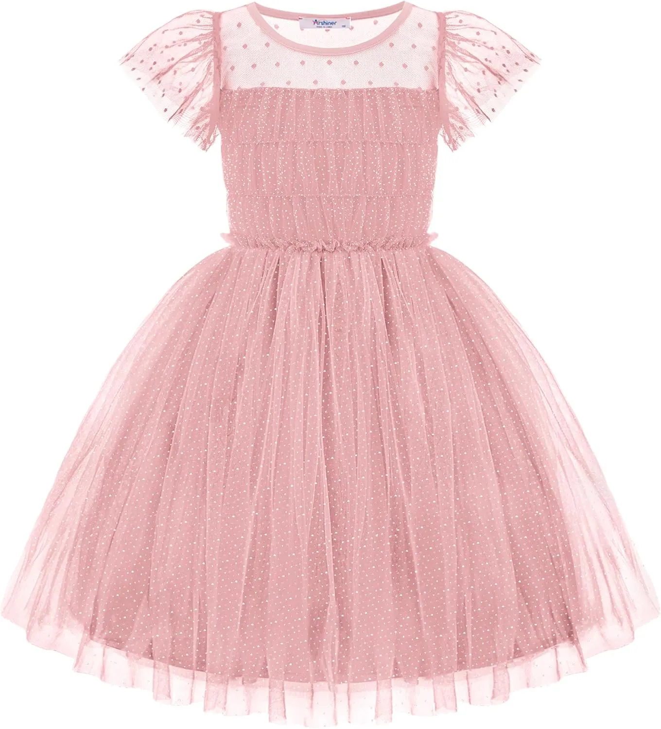 Arshiner Little Girl Dresses Contrast Mesh Ruffle Sleeve Princess Tulle Dress