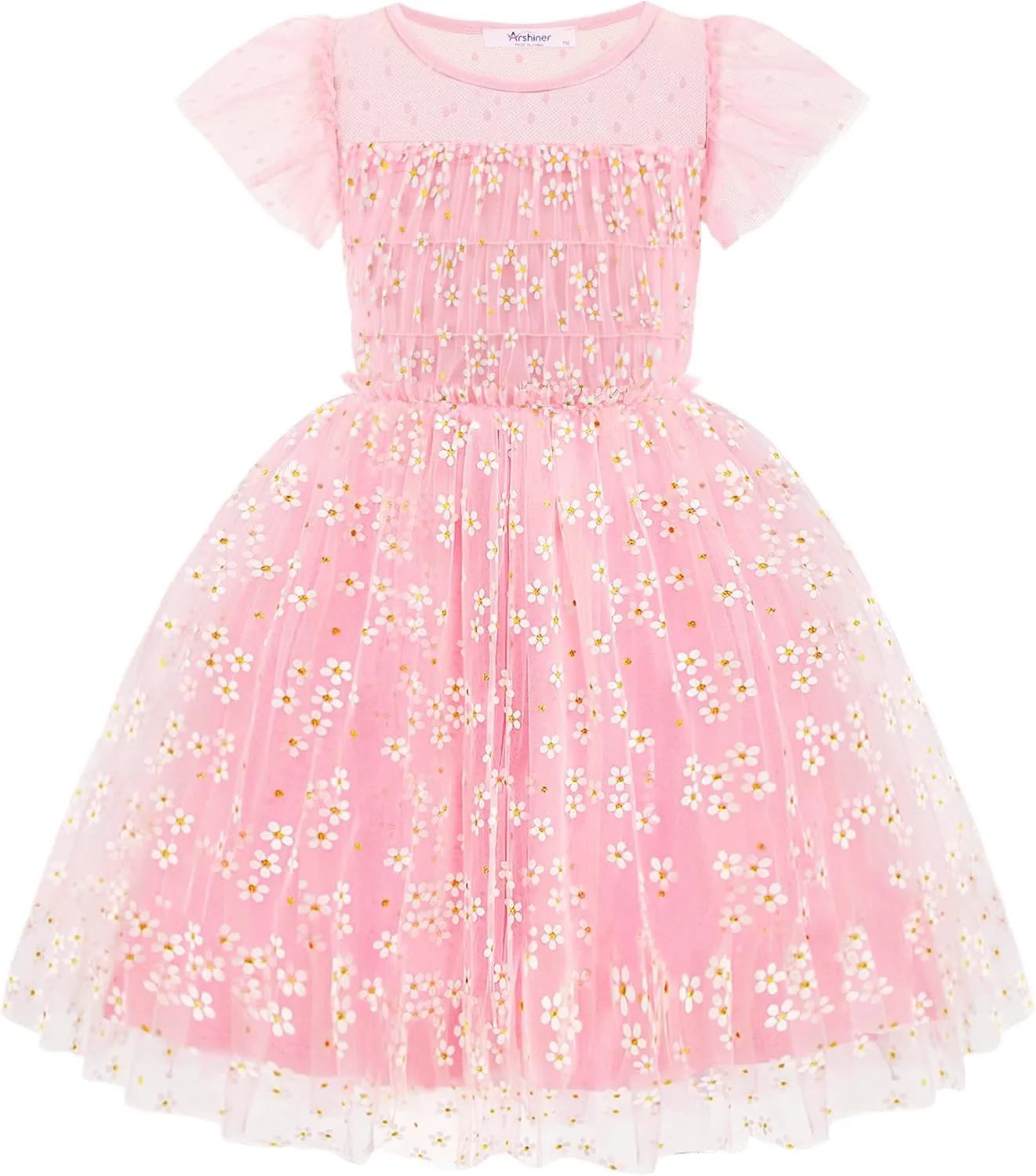 Arshiner Little Girl Dresses Contrast Mesh Ruffle Sleeve Princess Tulle Dress
