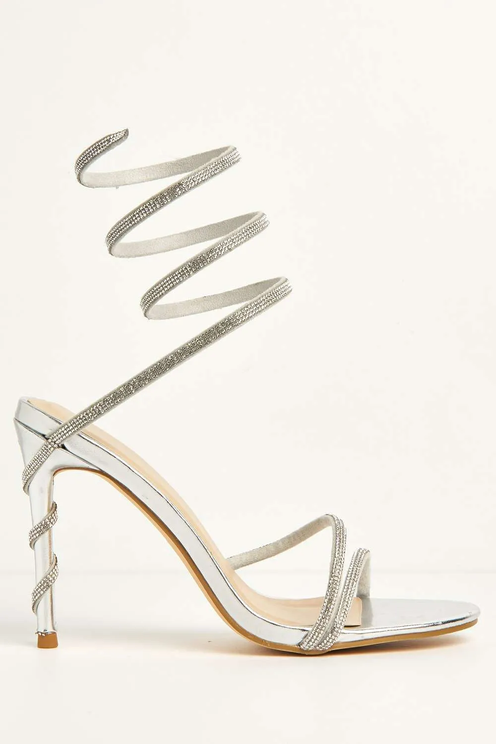 Curly Diamante Embellished Spiral Ankle Strap Sandals in Silver