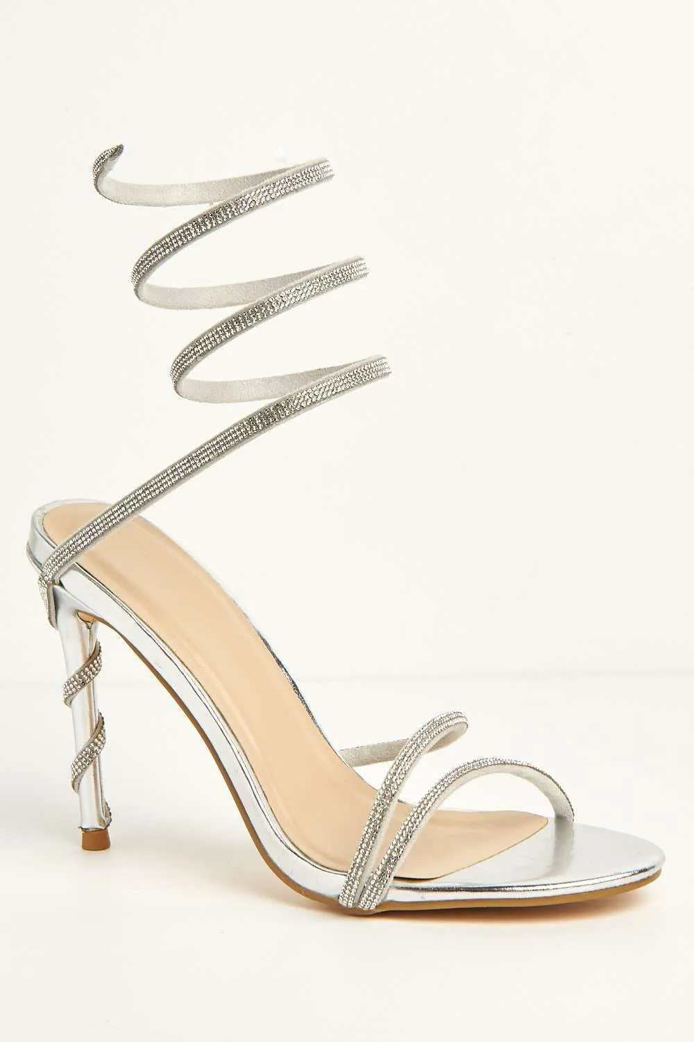 Curly Diamante Embellished Spiral Ankle Strap Sandals in Silver