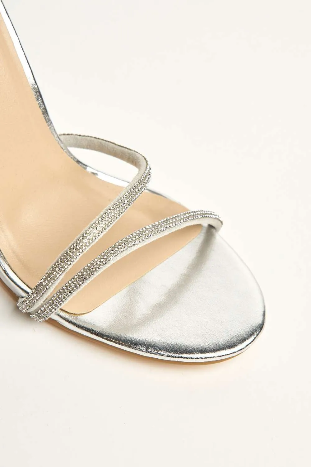 Curly Diamante Embellished Spiral Ankle Strap Sandals in Silver