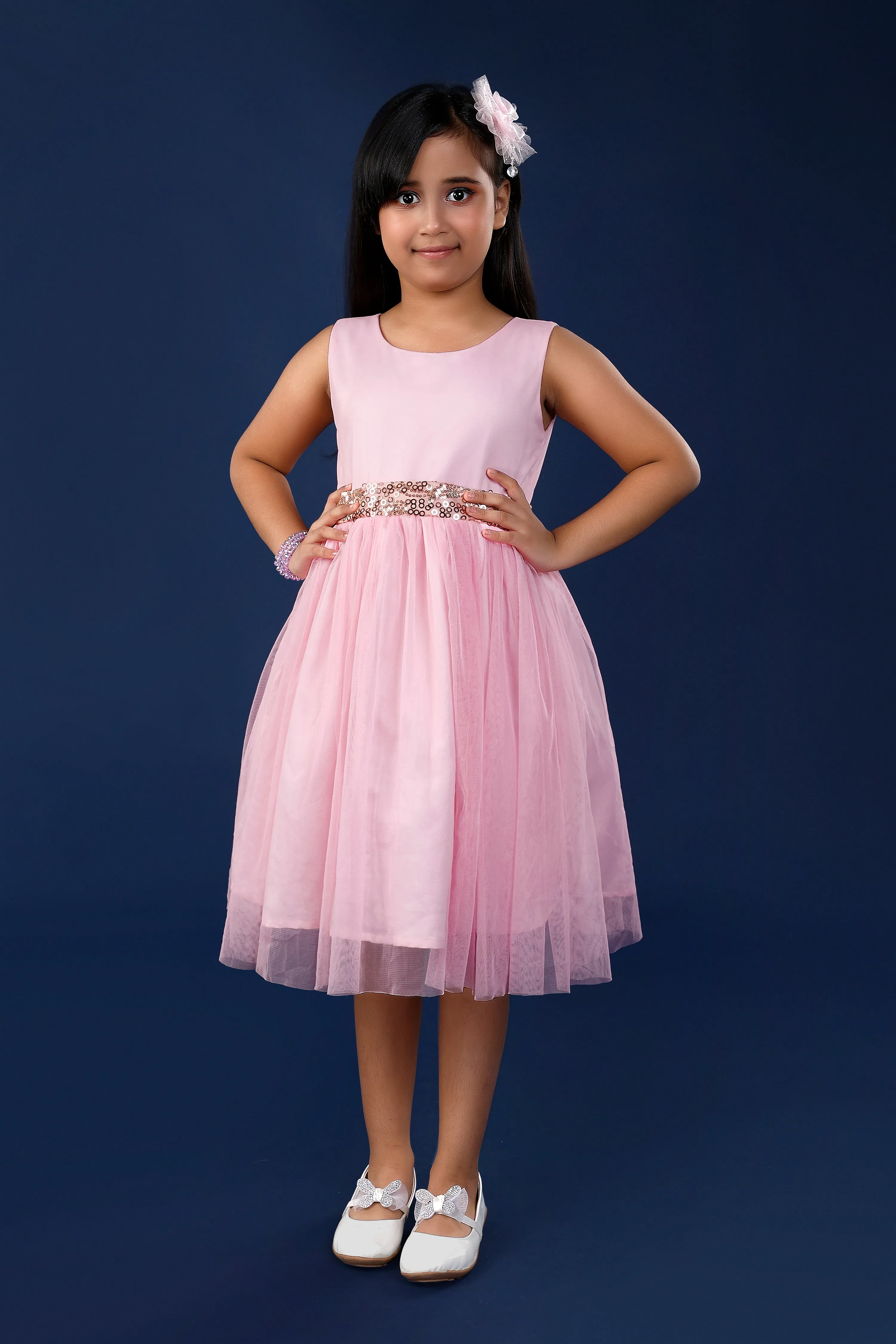 Pink Party Dress with Golden Sequined Belt