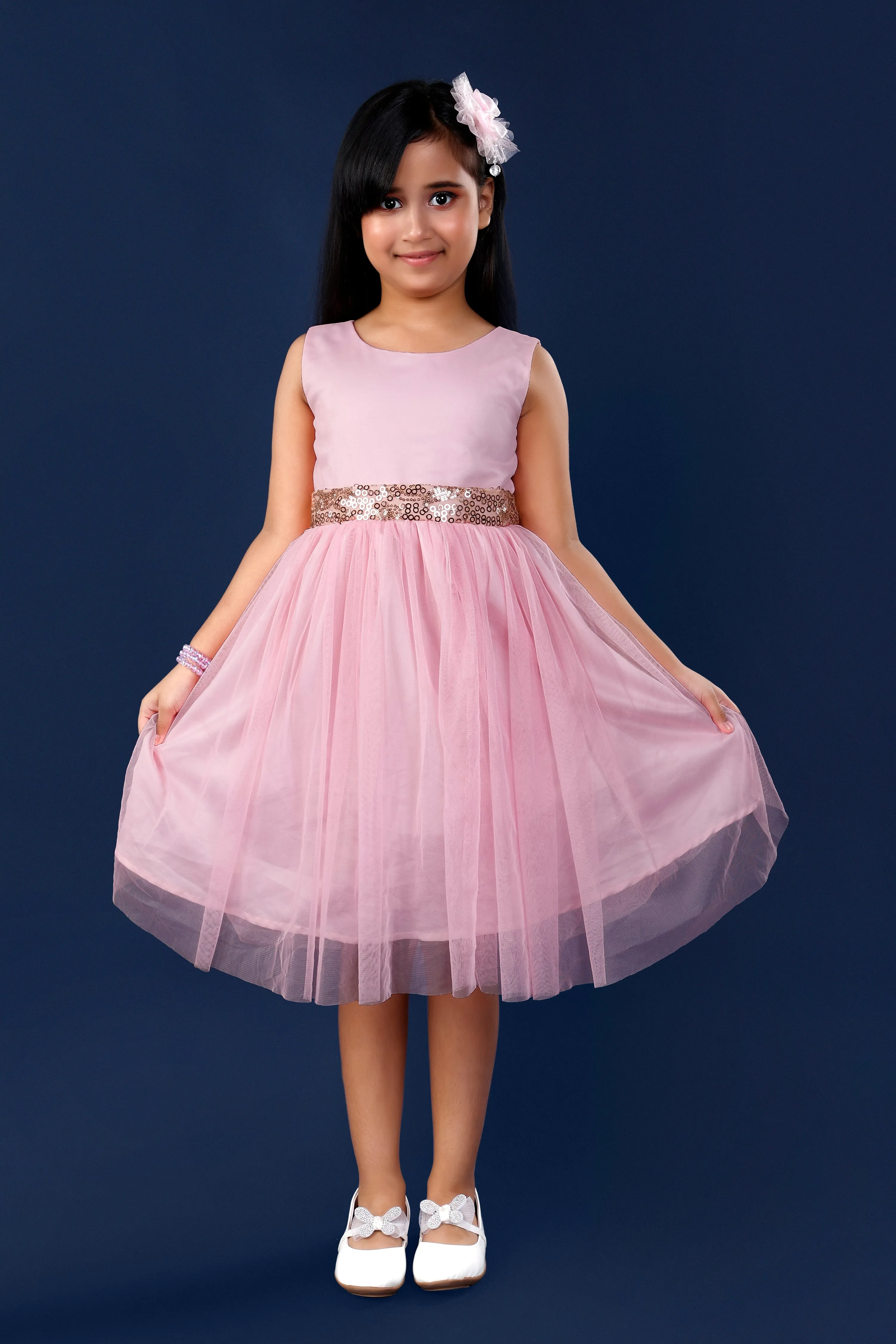 Pink Party Dress with Golden Sequined Belt