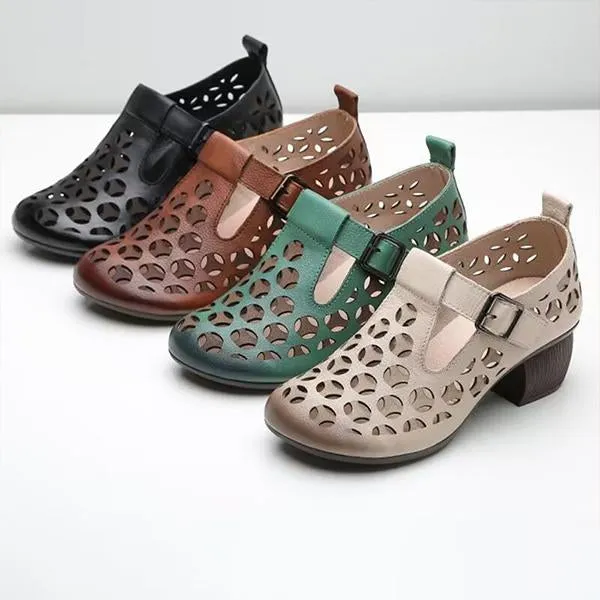 Women's Flower Hollow Chunky Heel Leather Shoes 46313480C