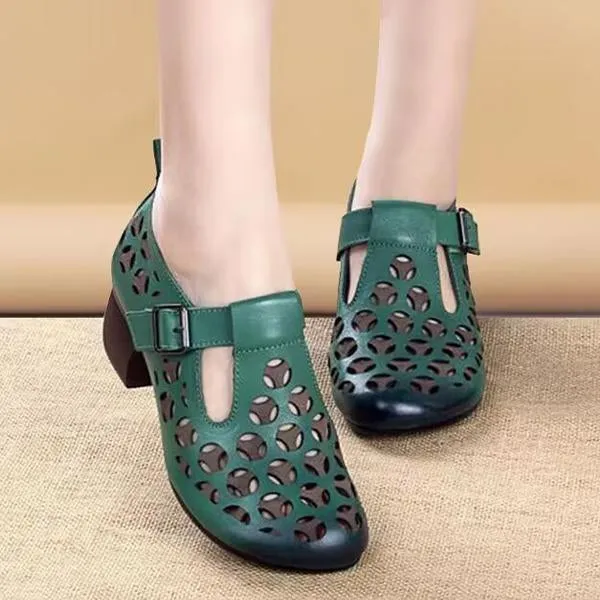 Women's Flower Hollow Chunky Heel Leather Shoes 46313480C